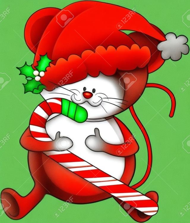 Uroczy, Mysz uśmiechnięta trzyma laskę cukierków i kapeluszu w Santa ozdobioną gałązką ostrokrzewu.