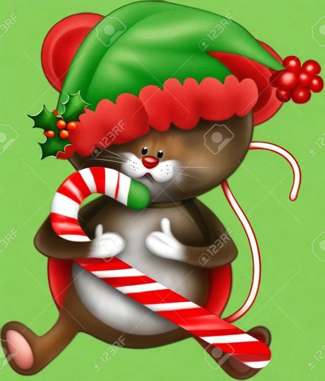 Uroczy, Mysz uśmiechnięta trzyma laskę cukierków i kapeluszu w Santa ozdobioną gałązką ostrokrzewu.