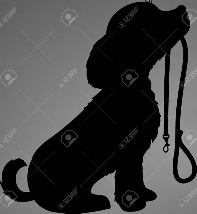 一只坐着狗的黑色剪影，耐心地等着去散步，嘴里叼着它的皮带