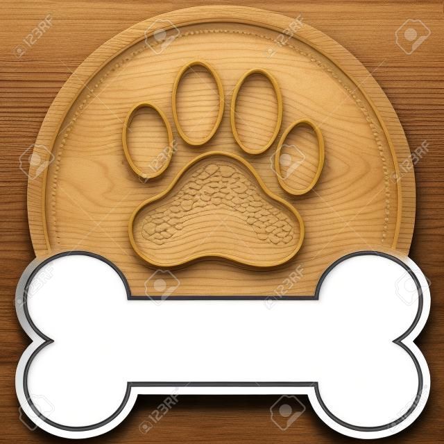 A dog pawprint and dog bone with room for text in a circular design