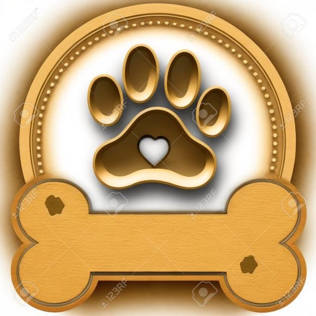 A dog pawprint and dog bone with room for text in a circular design