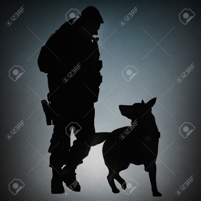 Silueta de una formación oficial de policía con su compañero perro