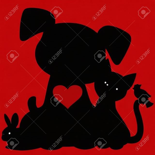 A silhouette of a group of pets including a dog, cat, rabbit and bird. There is a red heart on the dogs chest