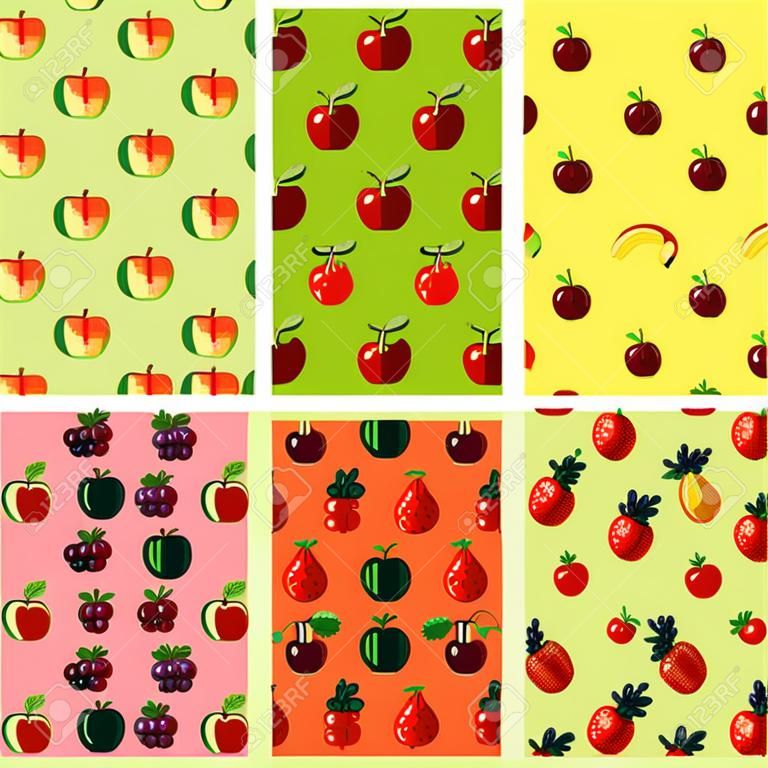 Set of seamless patterns with pixel fruits and berries. Background with apple, banana, watermelon, cherry and other. Old fashion 8 bit style