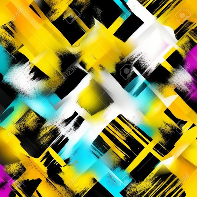 Sfondo giallo, nero, viola scuro e bianco. Macchie di pittura digitale caotico brillante astratto. Modello grunge per il design moderno