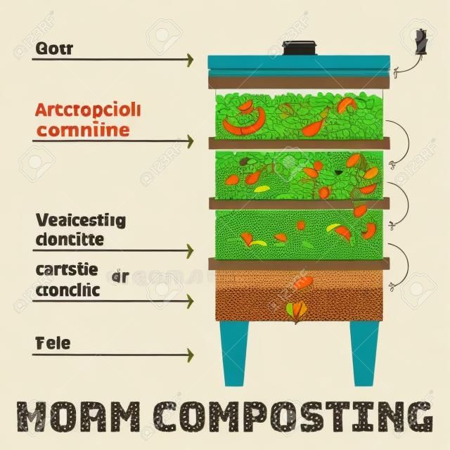 Infographic of vermicomposting. Components of vermicomposter. Vermicomposter schematic design. Worm composting. Recycling organic waste, fertilizer organic. Hand drawn vector illustration.