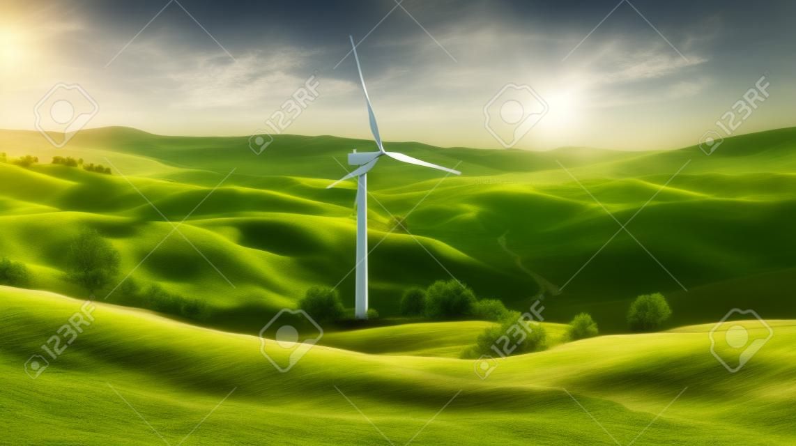Turbiny wiatrowe na wzgórzach w Toskanii we Włoszech. renderowania 3D