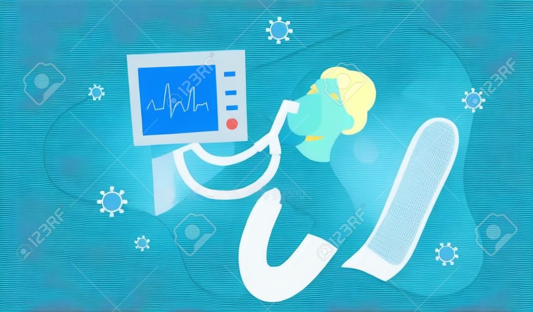 Sztuczna wentylacja płuc u pacjenta z nosicielstwem, oddział intensywnej terapii w szpitalu, kobieta zarażona koronawirusem w stanie krytycznym, ilustracja wektorowa, postać z kreskówki. Respirator płuc