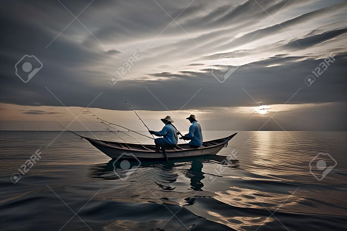 Fischer angeln in einem Boot bei Sonnenuntergang in Sri Lanka