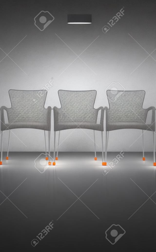 Three chairs in line and light on the middle chair. Concept of being different from the rest.