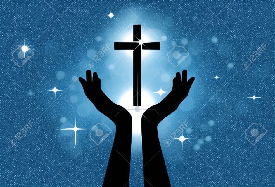 Persoon die bidt of aanbidt aan heilig kruis of Jezus - vector grafisch concept van een vrome trouwe Christus aanbiddende Zoon van Heer(Christus) met blauwe achtergrond van sterren en cirkels