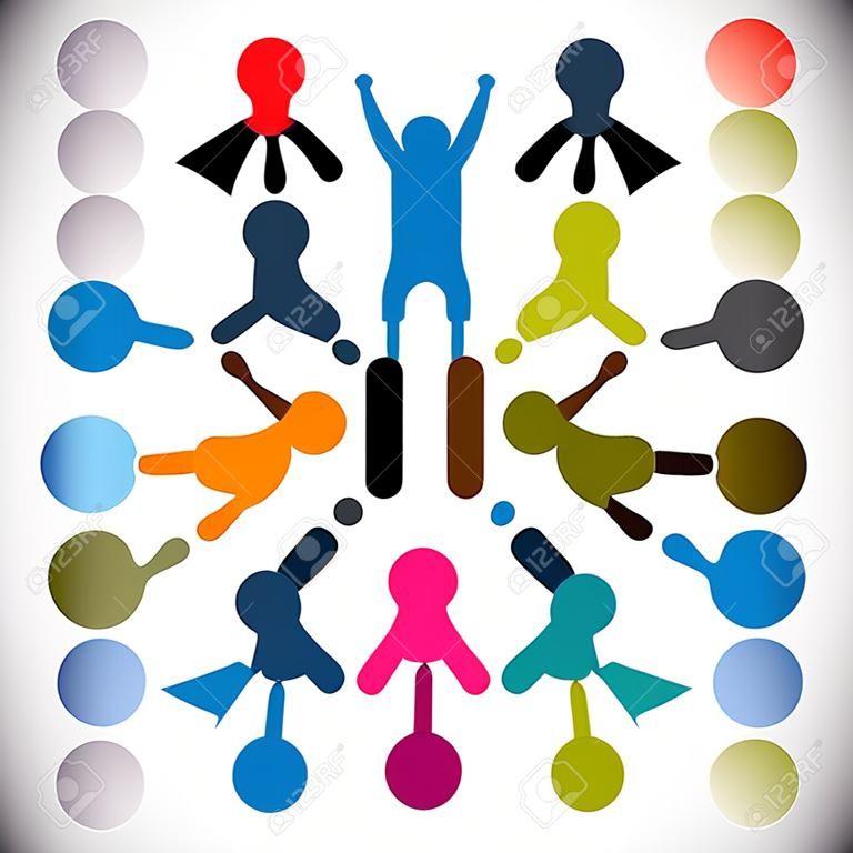 Koncepcja grafika-Social Media komunikacyjne i osób ikony. Ta ilustracja może również reprezentować ludzi, spotkań, pracy w zespole, sieci, jedność i różnorodność pracowników, grup pracowniczych, itp.