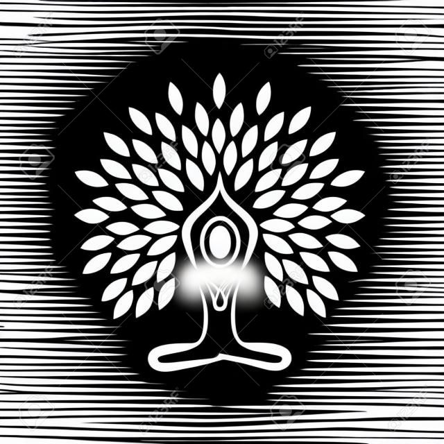 Drzewo życia ludzi robi medytacji, jogi i modlitwy - wektor ikona logo