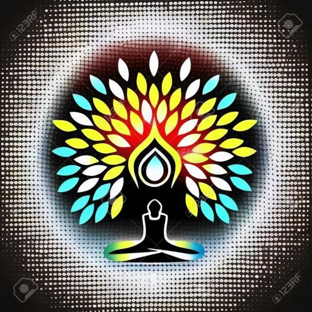 people life tree doing meditation, yoga and prayers - vector logo icon