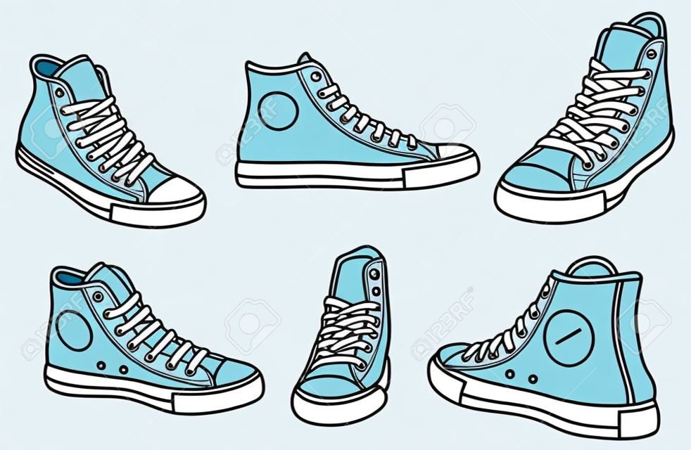 Sneakers at various angles outline vector illustration