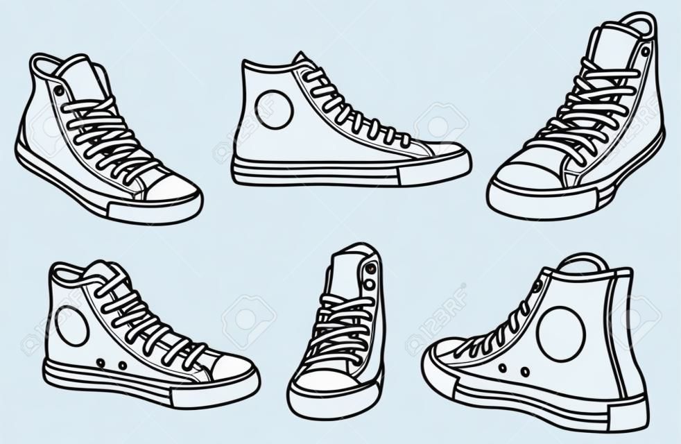 Sneakers at various angles outline vector illustration