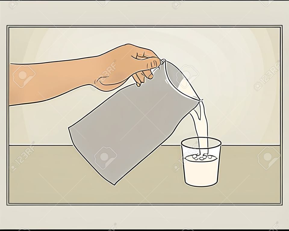 用手傾倒袋裝奶成玻璃