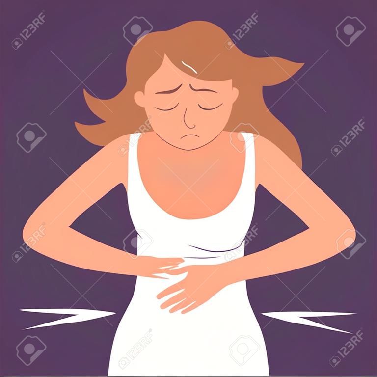 Eine junge Frau leidet unter Bauchschmerzen, Symptom der Menstruation, akuter Gastritis, Durchfall, Erkrankung des Magen-Darm-Trakts, flache Vektordarstellung