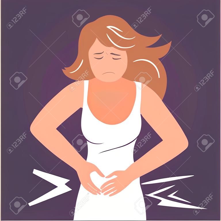 Eine junge Frau leidet unter Bauchschmerzen, Symptom der Menstruation, akuter Gastritis, Durchfall, Erkrankung des Magen-Darm-Trakts, flache Vektordarstellung