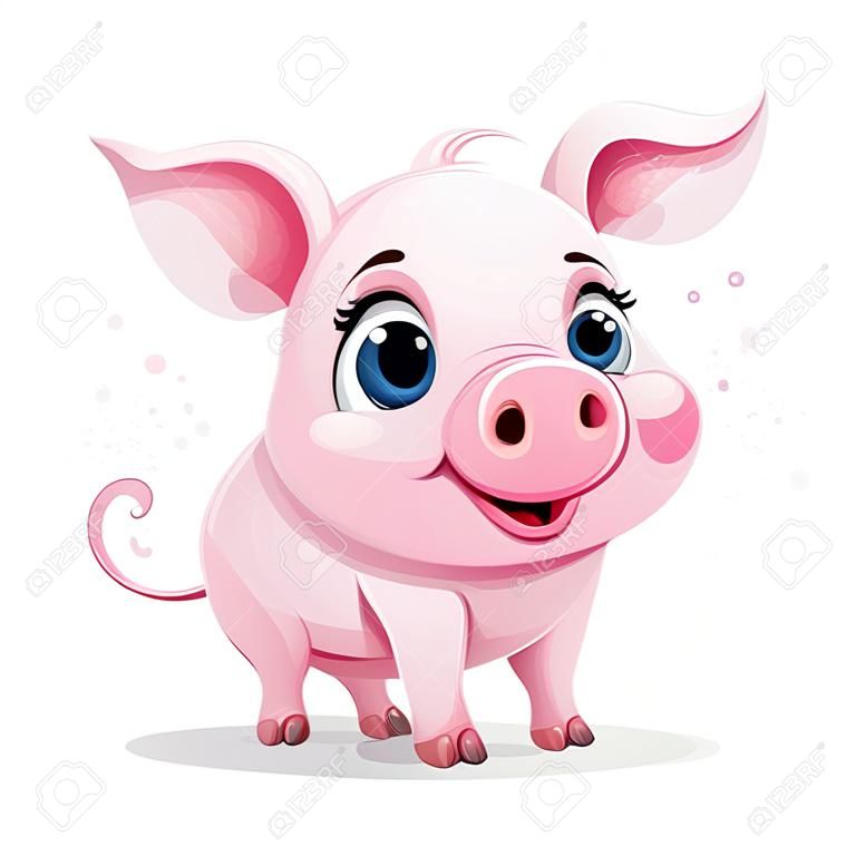 Cute cartoon pink pig. Vector illustration isolated on white background.