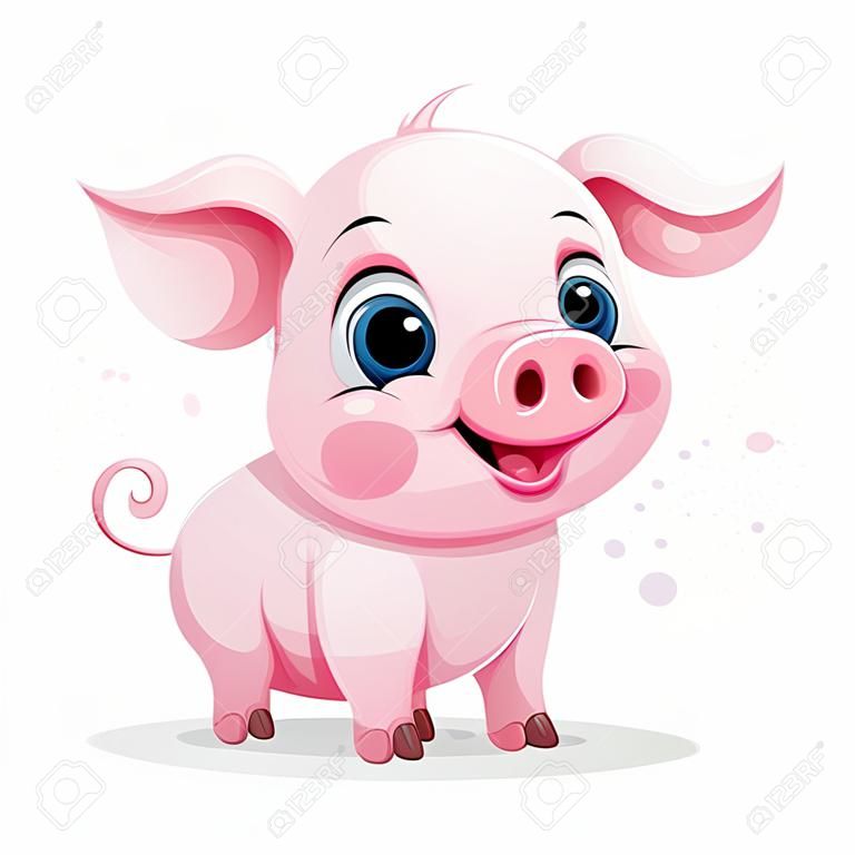Cute cartoon pink pig. Vector illustration isolated on white background.