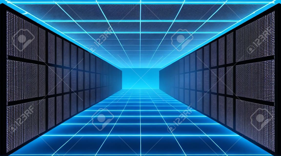 Rechenzentrum. Ein Raum mit Servern zur digitalen Verarbeitung und Speicherung von Informationen. Polygonale Konstruktion verbundener Linien und Punkte. Blauer Hintergrund.