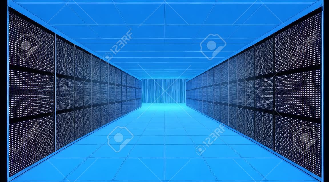 Centre de données. Une salle avec des serveurs pour le traitement numérique et le stockage des informations. Construction polygonale de lignes et de points connectés. Fond bleu.