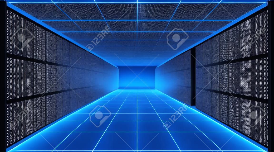Rechenzentrum. Ein Raum mit Servern zur digitalen Verarbeitung und Speicherung von Informationen. Polygonale Konstruktion verbundener Linien und Punkte. Blauer Hintergrund.