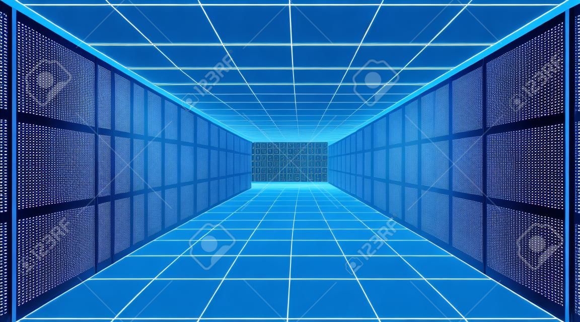 Datacenter. Een ruimte met servers voor digitale verwerking en opslag van informatie. Veelhoekige constructie van verbonden lijnen en punten. Blauwe achtergrond.