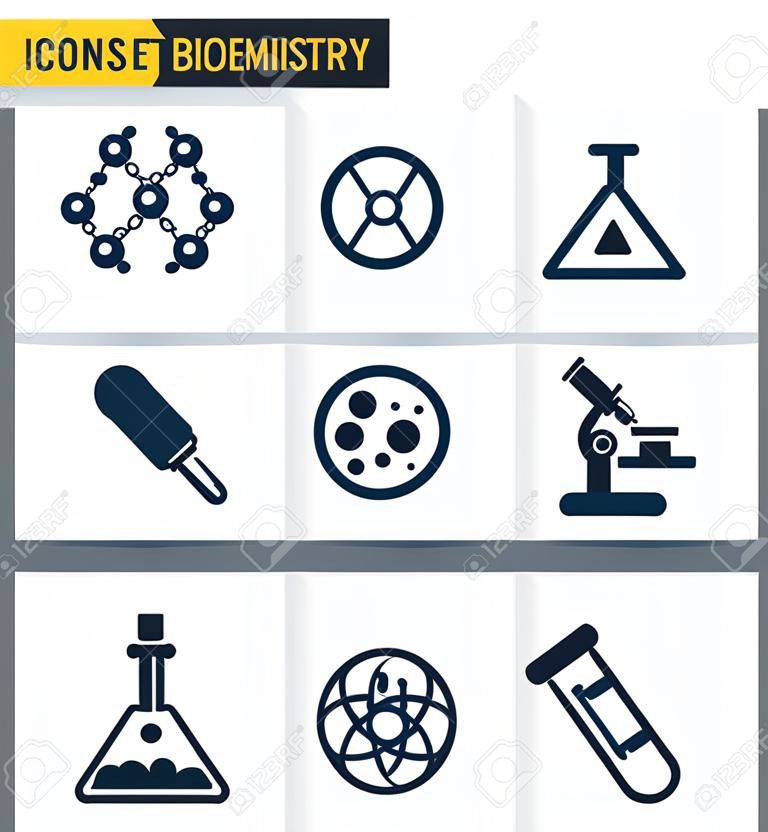 Icons set premium quality of biochemistry research, biology laboratory experiment. Modern pictogram collection flat design style symbol collection. Isolated white background.