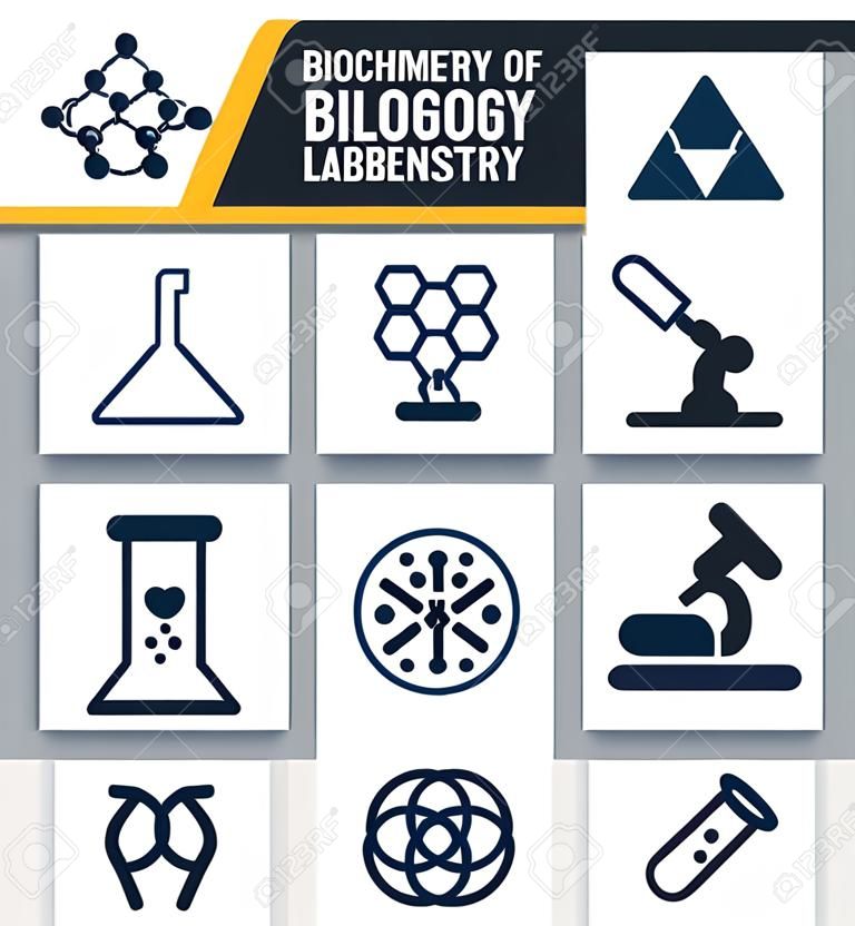 Icons set premium quality of biochemistry research, biology laboratory experiment. Modern pictogram collection flat design style symbol collection. Isolated white background.
