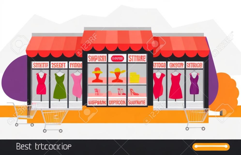 Illustrazione vettoriale di un negozio di abbigliamento. Negozio decorativo variopinto e costruzione di acquisto del supermercato con stile di design piatto.