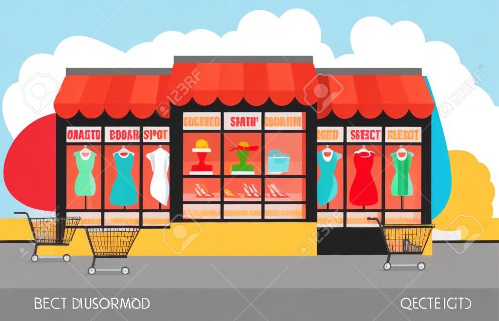 Illustrazione vettoriale di un negozio di abbigliamento. Negozio decorativo variopinto e costruzione di acquisto del supermercato con stile di design piatto.