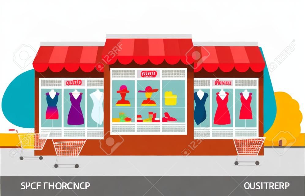 Ilustracja wektorowa sklepu odzieżowego. Kolorowy sklep dekoracyjny i sklep z supermarketami w stylu Płaska konstrukcja.