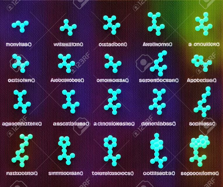 Aminoácidos. Estruturas químicas 2D dos 20 aminoácidos comuns encontrados em proteínas, com átomos representados como círculos convencionalmente codificados por cores. Hidrogênios omitidos para maior clareza.