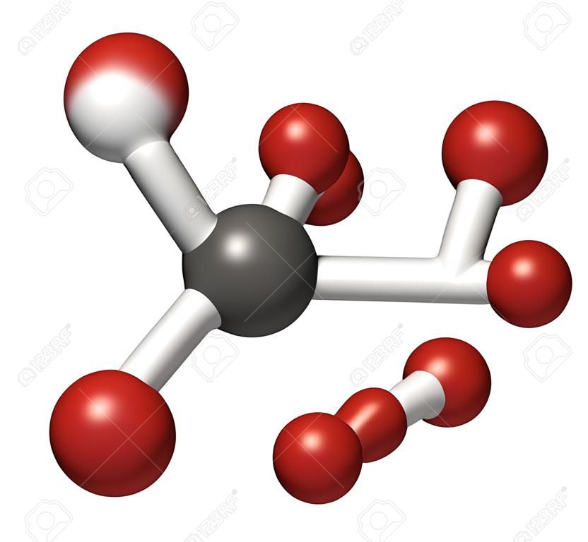 Bicarbonate anion, chemical structure. Common salts include sodium bicarbonate (baking soda) and ammonium bicarbonate. 3D rendering. Atoms are represented as spheres with conventional color coding: hydrogen (white), carbon (grey), oxygen (red).