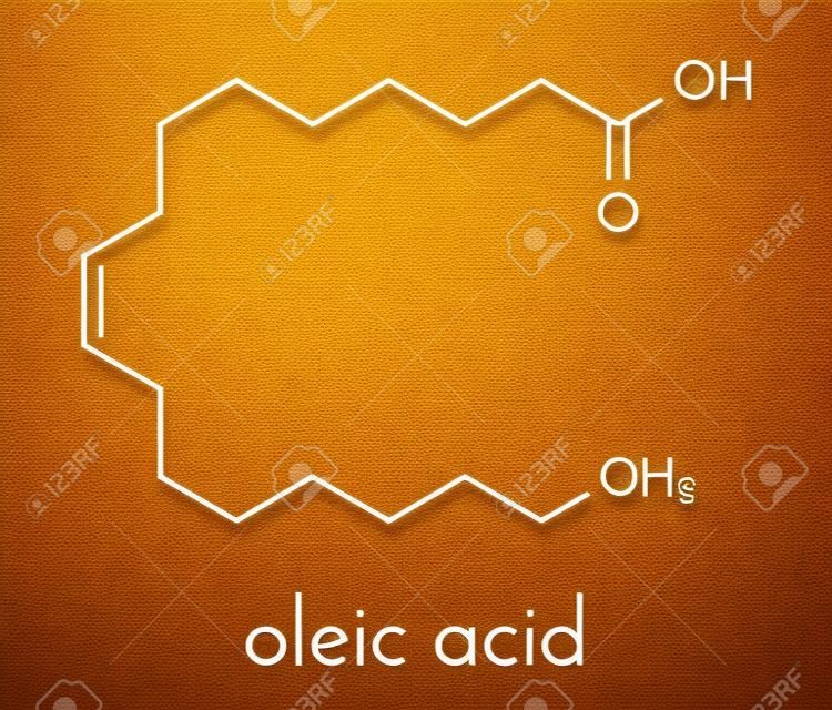 オレイン酸(オメガ9、シス)脂肪酸。動物性油脂や植物油に共通。その塩、オレ酸ナトリウムは、しばしば石鹸に使用されます。骨格式。