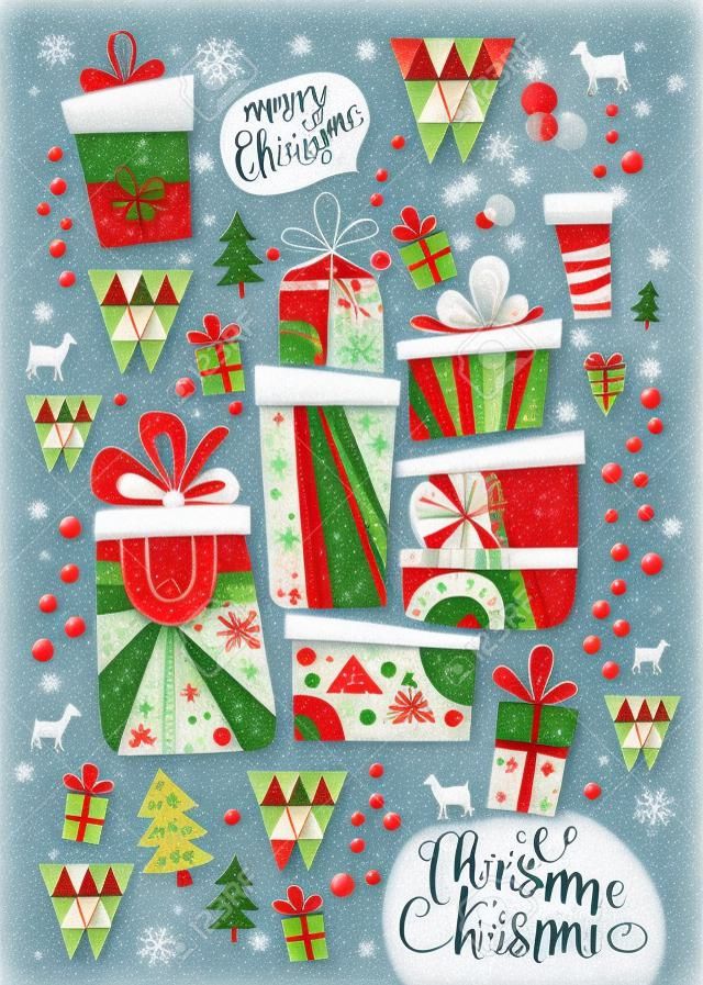 Carte postale de Noël avec des coffrets cadeaux