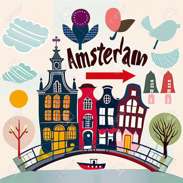 带有阿姆斯特丹符号的卡通风格矢量插画