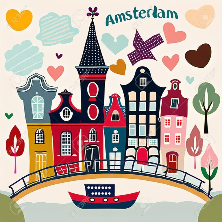 Векторная иллюстрация в мультяшном стиле с символами Амстердама