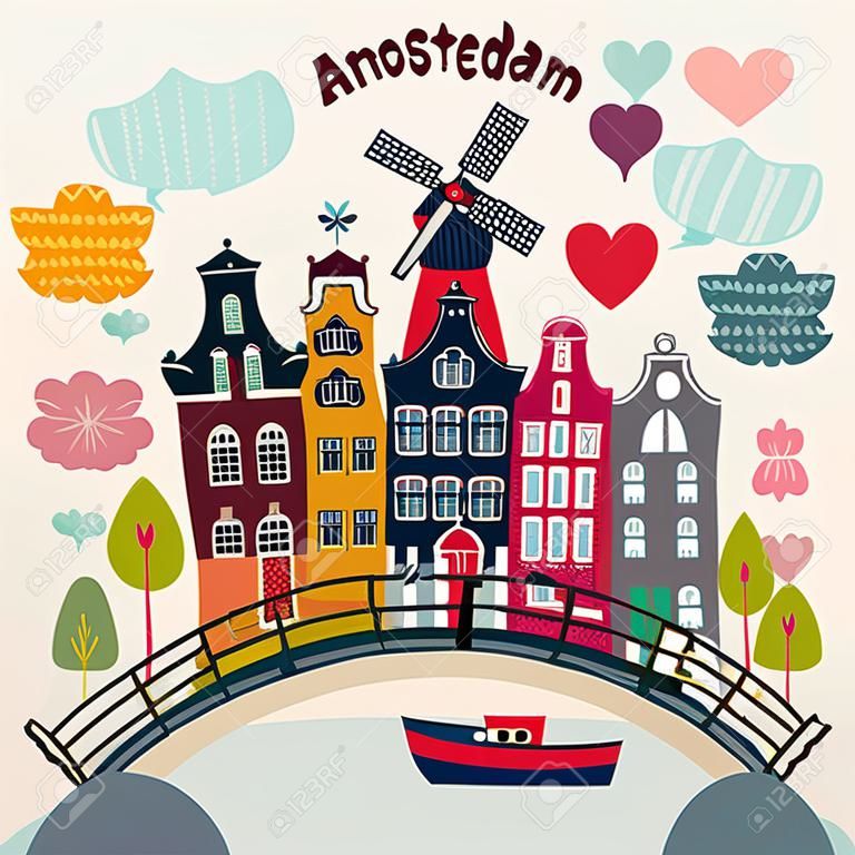 带有阿姆斯特丹符号的卡通风格矢量插画