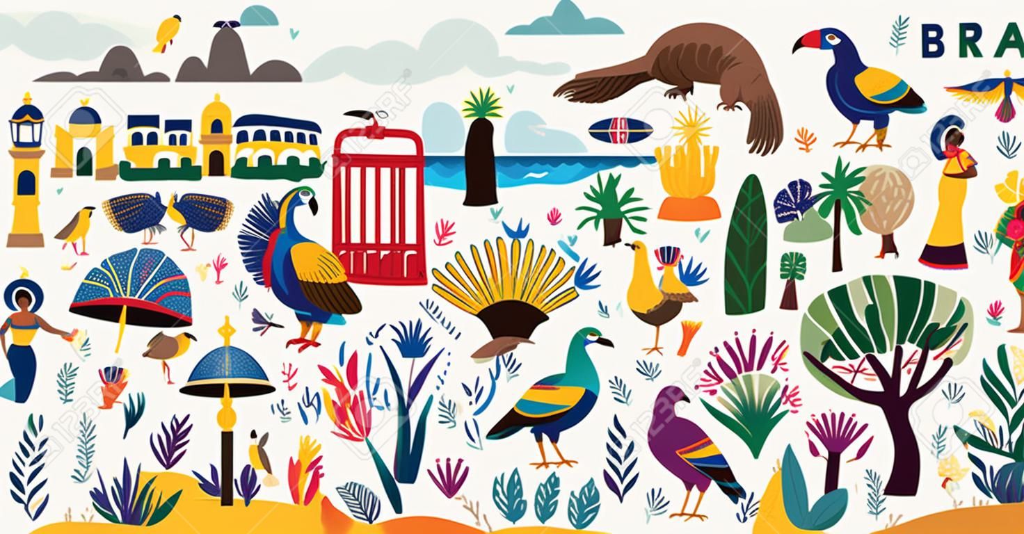 Rio De Janeiro Brazil vector illustration. Symbols and icons of Brazil