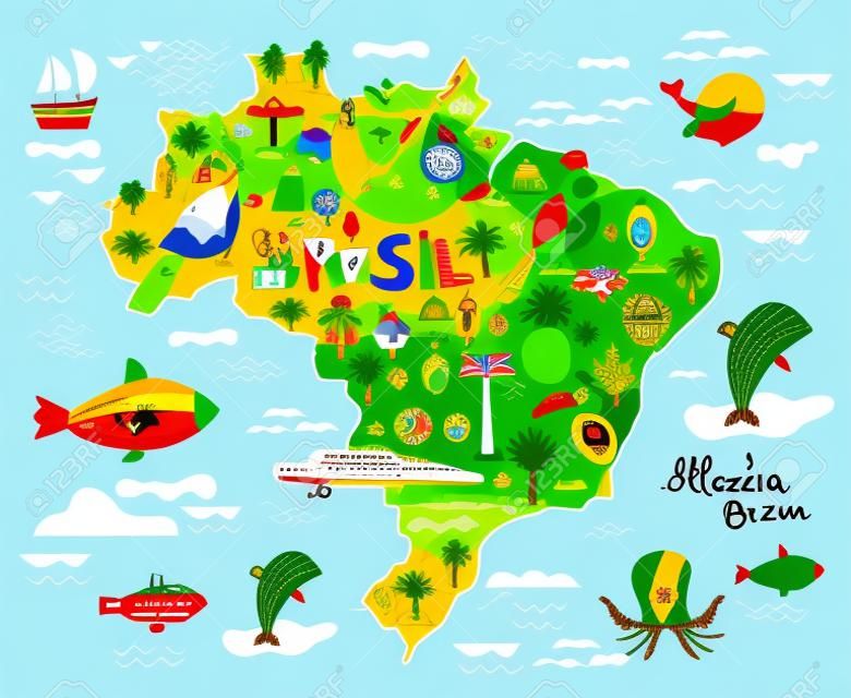 Ilustração vetorial com mapa do Brasil. Símbolos do Brasil