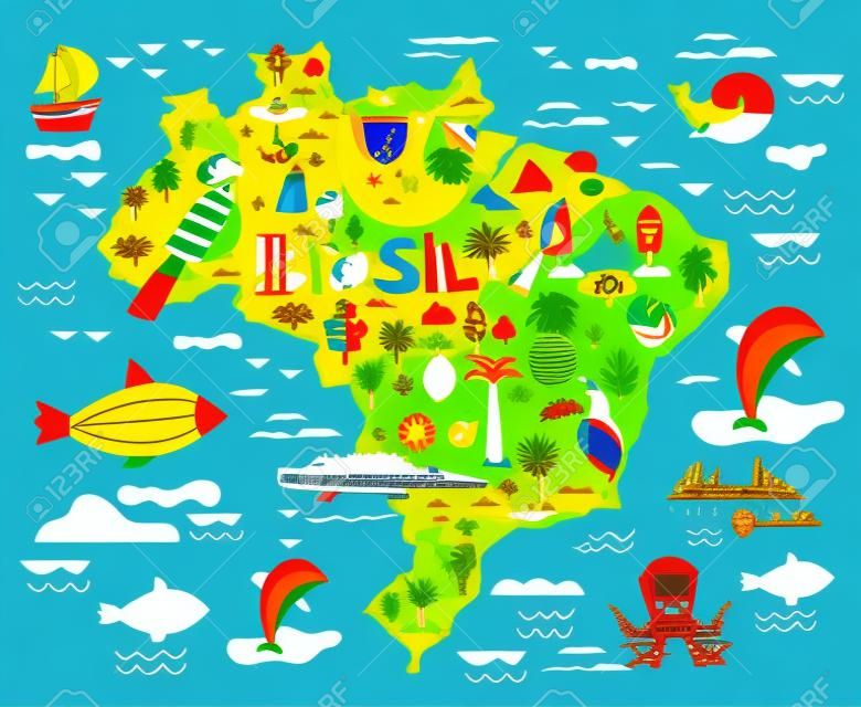 Vector illustration with map of Brazil. Symbols of Brazil