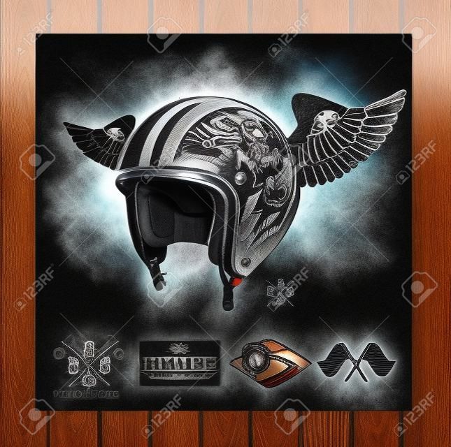 Мотоцикл Тематические ручной рисунок шлем с черепом.