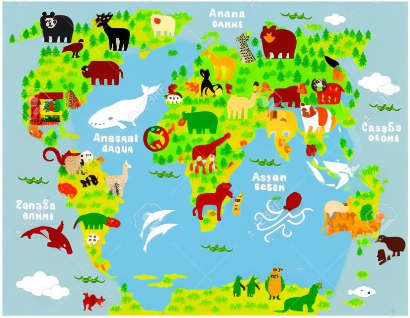 Animal map of the world for children and kids