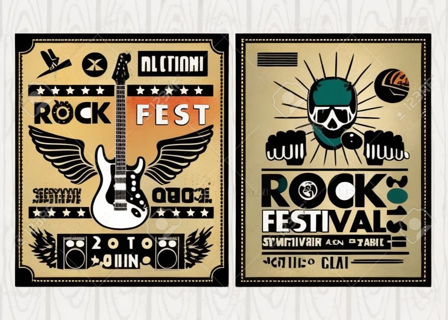 Vintage carteles del festival de rock. Conjunto de símbolos vectoriales relacionados con el rock and roll.