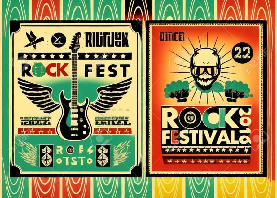 Vintage carteles del festival de rock. Conjunto de símbolos vectoriales relacionados con el rock and roll.