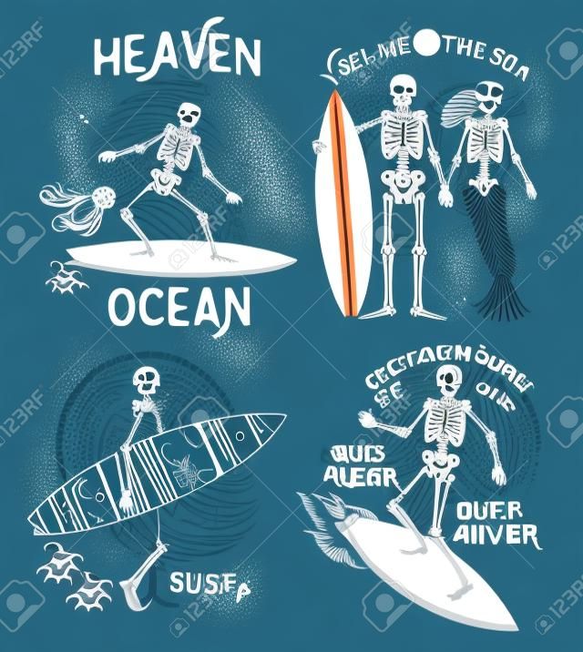 Vektor-Illustration mit Skeleton Surfer und Meerjungfrau