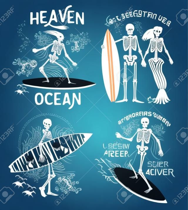 Vektoros illusztráció csontváz Surfer és hableány